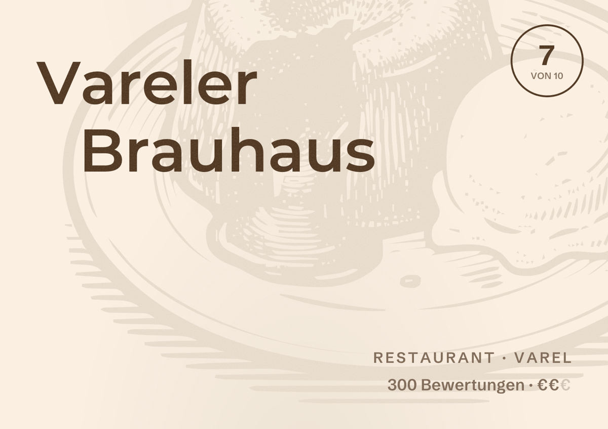 Illustriertes Poster von Vareler Brauhaus, Restaurant in Varel: Bewertung 7 von 10 aus 300 Bewertungen, Preisniveau €€