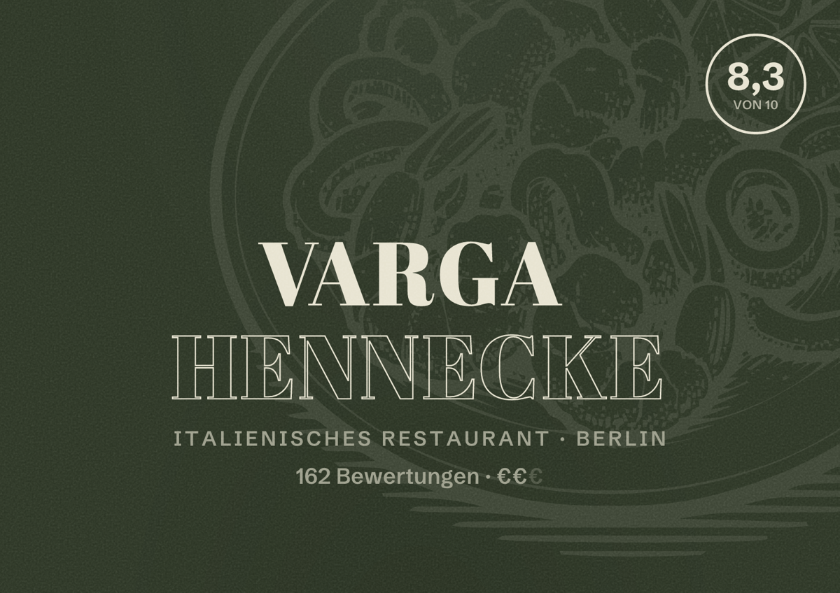 Illustriertes Poster von Varga Hennecke, Italienisches Restaurant in Berlin: Bewertung 8,3 von 10 aus 162 Bewertungen, Preisniveau €€