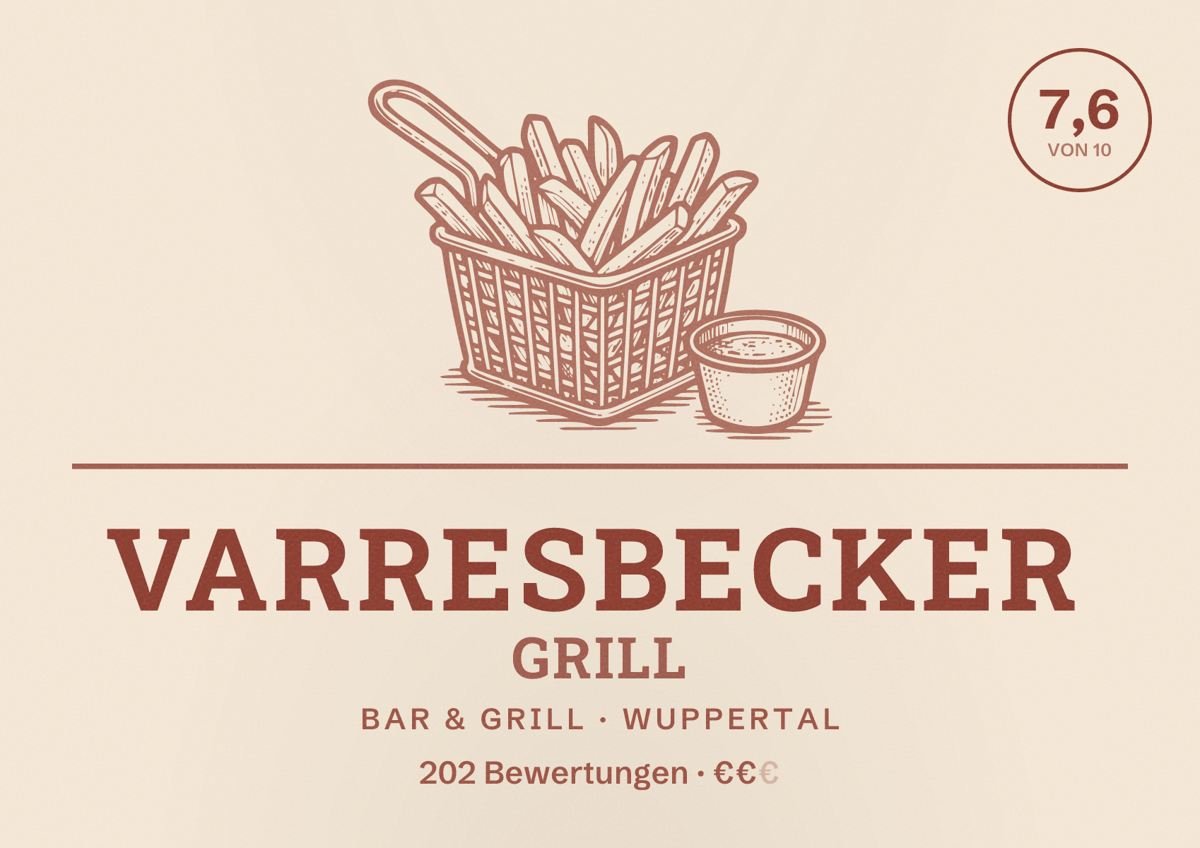 Illustriertes Poster von Varresbecker Grill, Bar & Grill in Wuppertal: Bewertung 7,6 von 10 aus 202 Bewertungen, Preisniveau €€