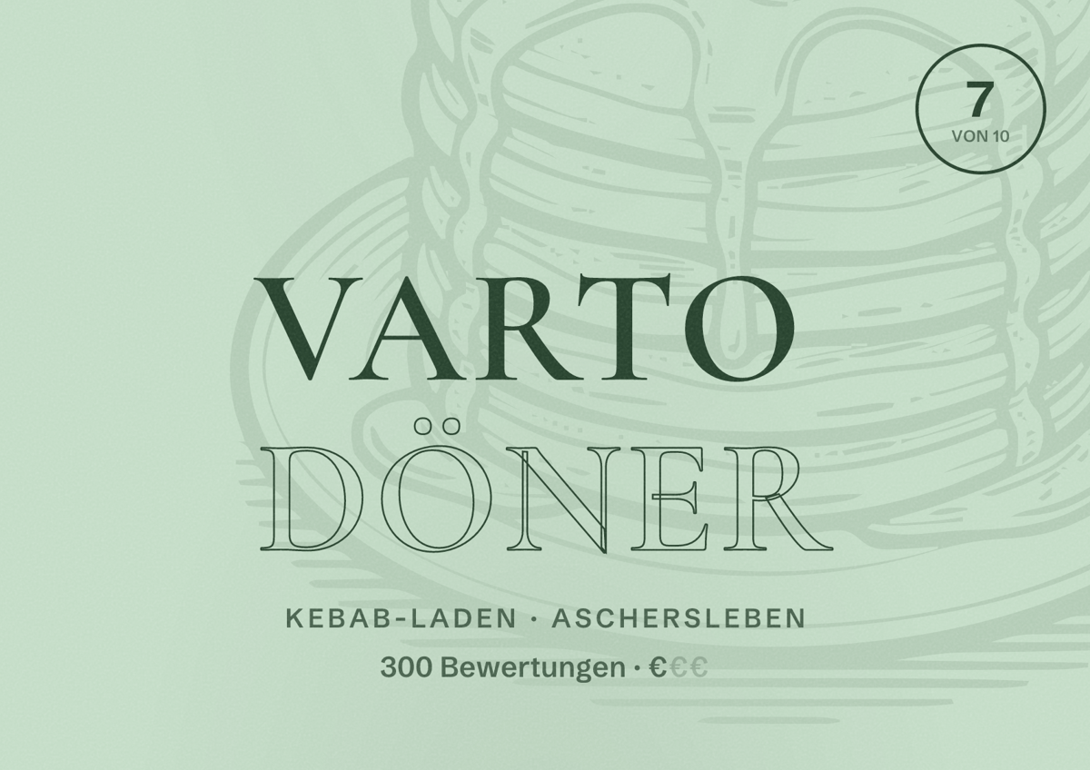 Illustriertes Poster von Varto Döner, Kebab-Laden in Aschersleben: Bewertung 7 von 10 aus 300 Bewertungen, Preisniveau €
