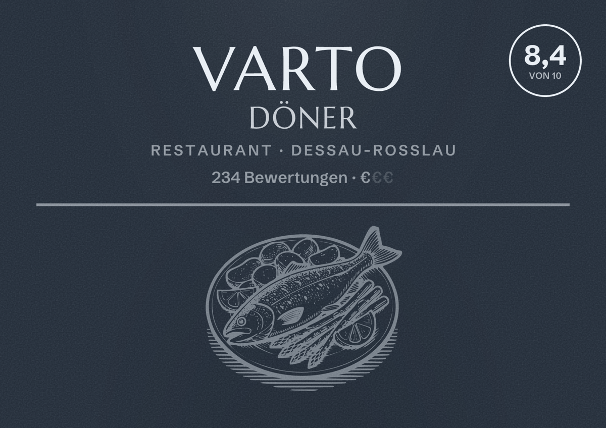 Illustriertes Poster von Varto Döner, Restaurant in Dessau-Roßlau: Bewertung 8,4 von 10 aus 234 Bewertungen, Preisniveau €