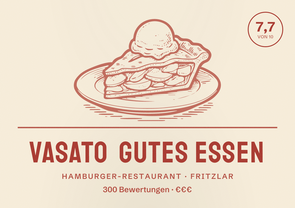 Illustriertes Poster von VASATO Gutes Essen, Hamburger-Restaurant in Fritzlar: Bewertung 7,7 von 10 aus 300 Bewertungen, Preisniveau €€€