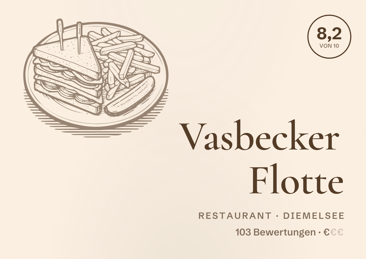 Illustriertes Poster von Vasbecker Flotte, Restaurant in Diemelsee: Bewertung 8,2 von 10 aus 103 Bewertungen, Preisniveau €