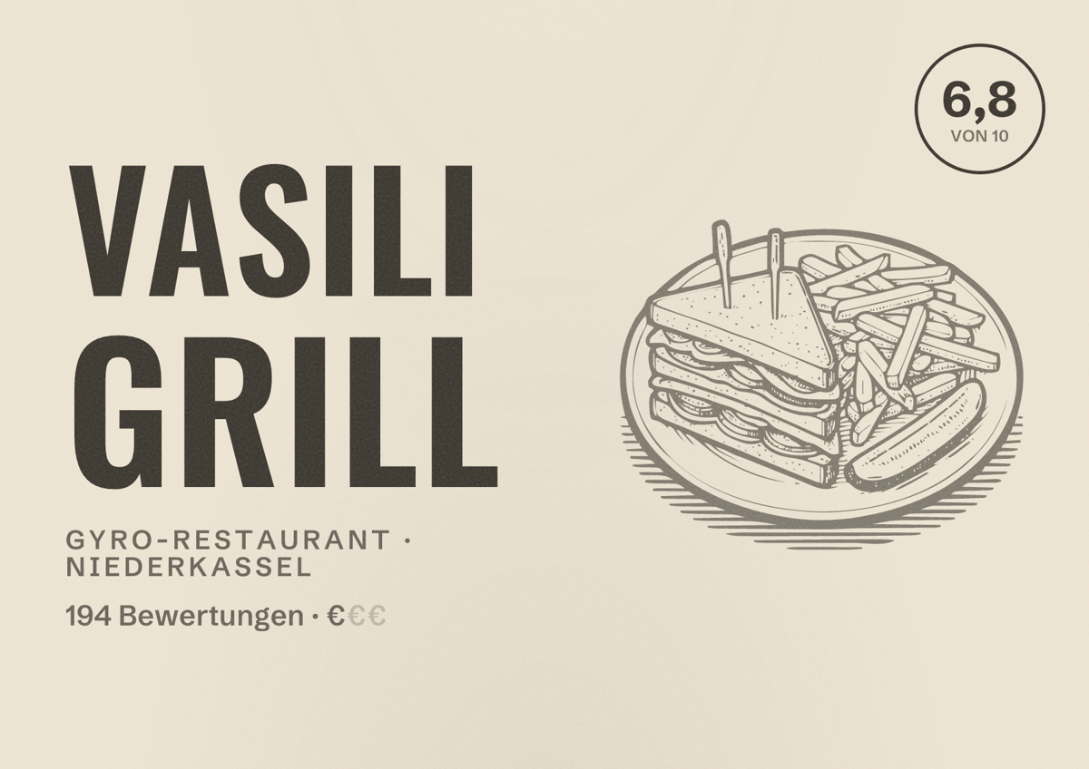 Illustriertes Poster von Vasili Grill, Gyro-Restaurant in Niederkassel: Bewertung 6,8 von 10 aus 194 Bewertungen, Preisniveau €