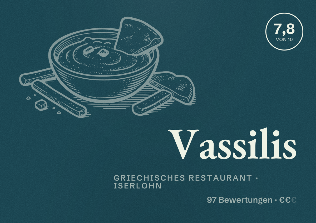 Illustriertes Poster von Vassilis, Griechisches Restaurant in Iserlohn: Bewertung 7,8 von 10 aus 97 Bewertungen, Preisniveau €€