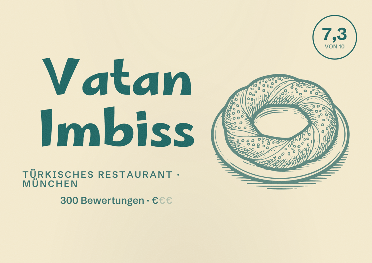 Illustriertes Poster von Vatan Imbiss, Türkisches Restaurant in München: Bewertung 7,3 von 10 aus 300 Bewertungen, Preisniveau €