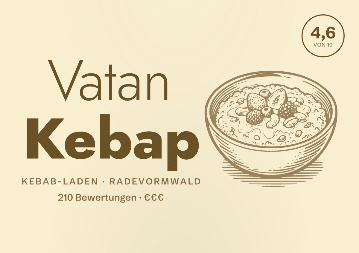 Illustriertes Poster von Vatan Kebap, Kebab-Laden in Radevormwald: Bewertung 4,6 von 10 aus 210 Bewertungen, Preisniveau €€€