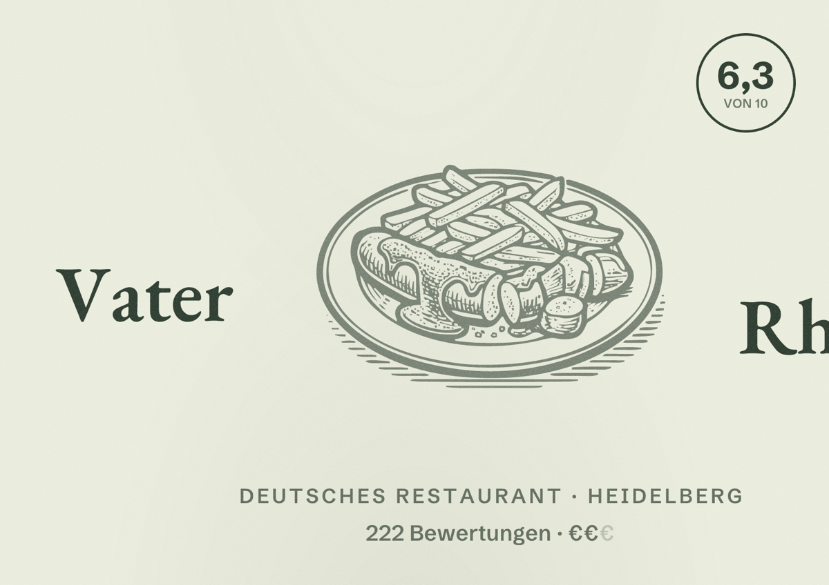 Illustriertes Poster von Vater Rhein, Deutsches Restaurant in Heidelberg: Bewertung 6,3 von 10 aus 222 Bewertungen, Preisniveau €€