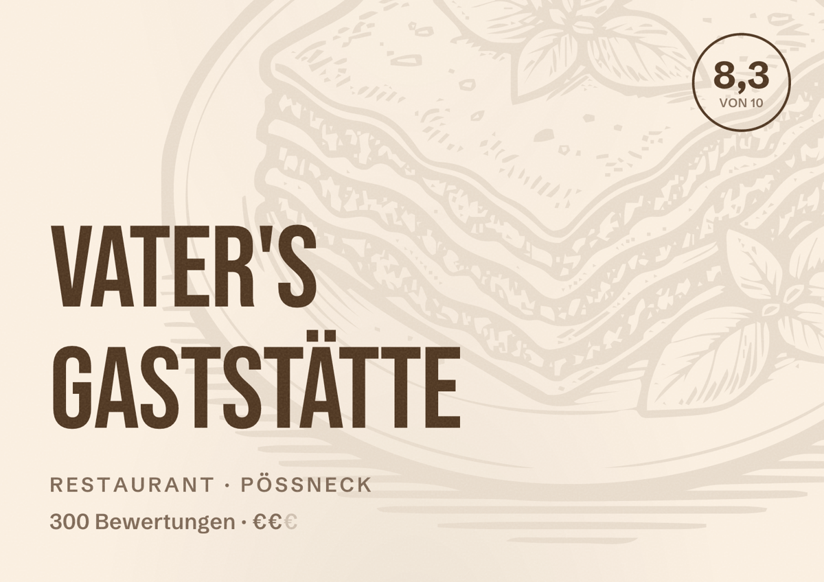 Illustriertes Poster von Vater's Gaststätte, Restaurant in Pößneck: Bewertung 8,3 von 10 aus 300 Bewertungen, Preisniveau €€