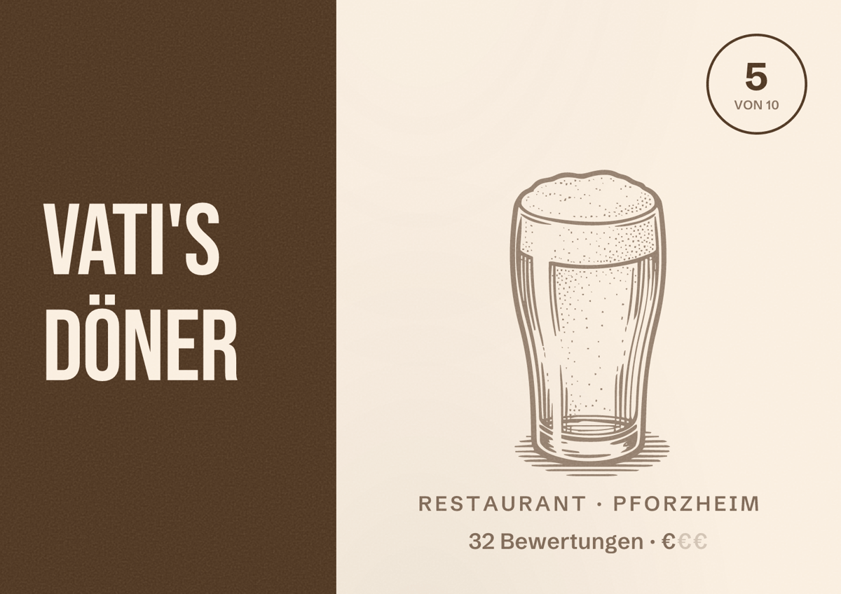 Illustriertes Poster von Vati's Döner, Restaurant in Pforzheim: Bewertung 5 von 10 aus 32 Bewertungen, Preisniveau €