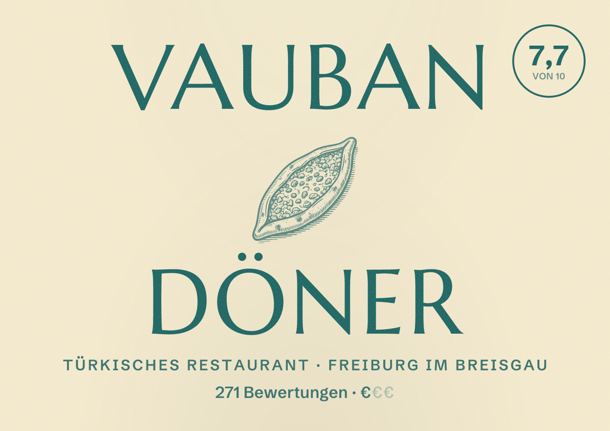 Illustriertes Poster von Vauban Döner, Türkisches Restaurant in Freiburg im Breisgau: Bewertung 7,7 von 10 aus 271 Bewertungen, Preisniveau €