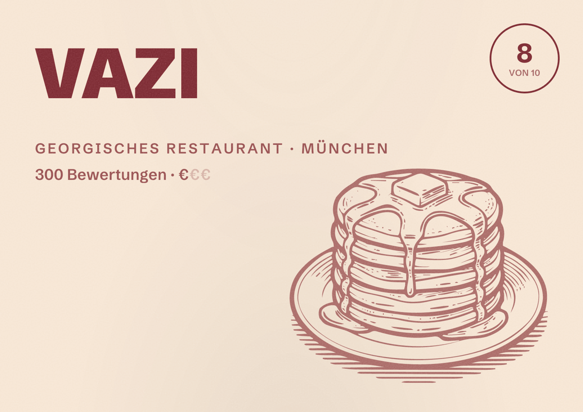Illustriertes Poster von VAZI, Georgisches Restaurant in München: Bewertung 8 von 10 aus 300 Bewertungen, Preisniveau €