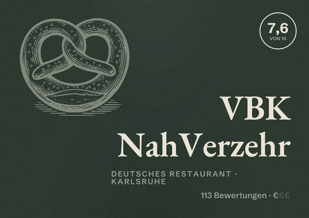 Illustriertes Poster von VBK NahVerzehr, Deutsches Restaurant in Karlsruhe: Bewertung 7,6 von 10 aus 113 Bewertungen, Preisniveau €
