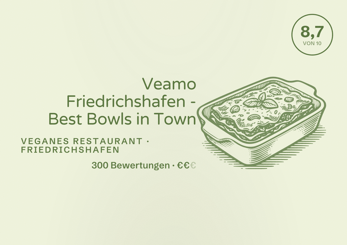 Illustriertes Poster von Veamo Friedrichshafen - Best Bowls in Town, Veganes Restaurant in Friedrichshafen: Bewertung 8,7 von 10 aus 300 Bewertungen, Preisniveau €€