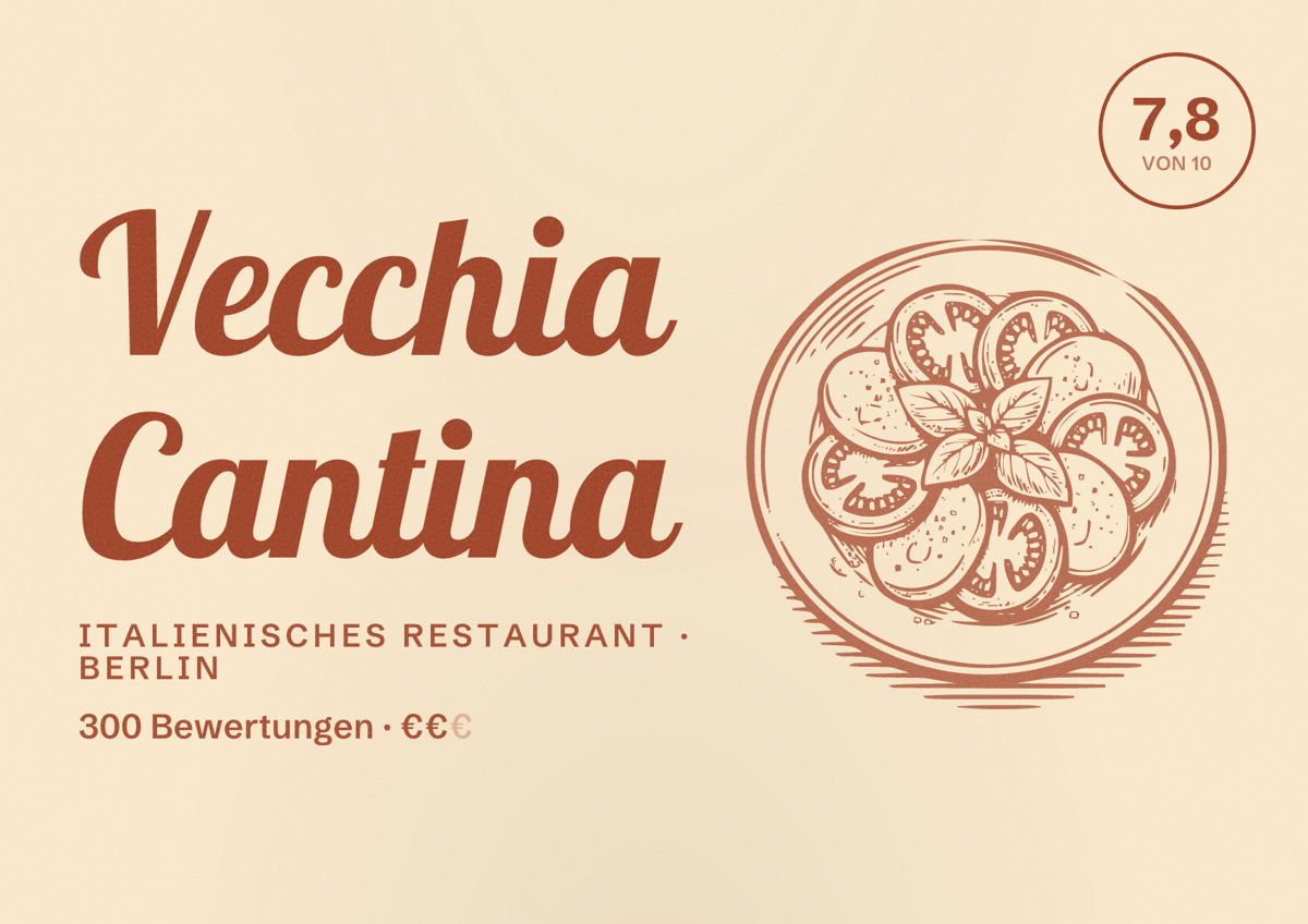 Illustriertes Poster von Vecchia Cantina, Italienisches Restaurant in Berlin: Bewertung 7,8 von 10 aus 300 Bewertungen, Preisniveau €€