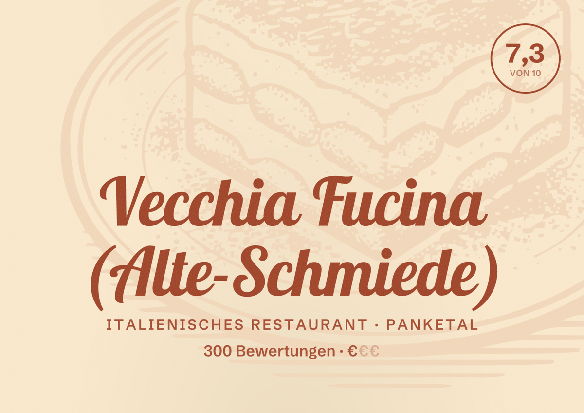 Illustriertes Poster von Vecchia Fucina (Alte-Schmiede), Italienisches Restaurant in Panketal: Bewertung 7,3 von 10 aus 300 Bewertungen, Preisniveau €