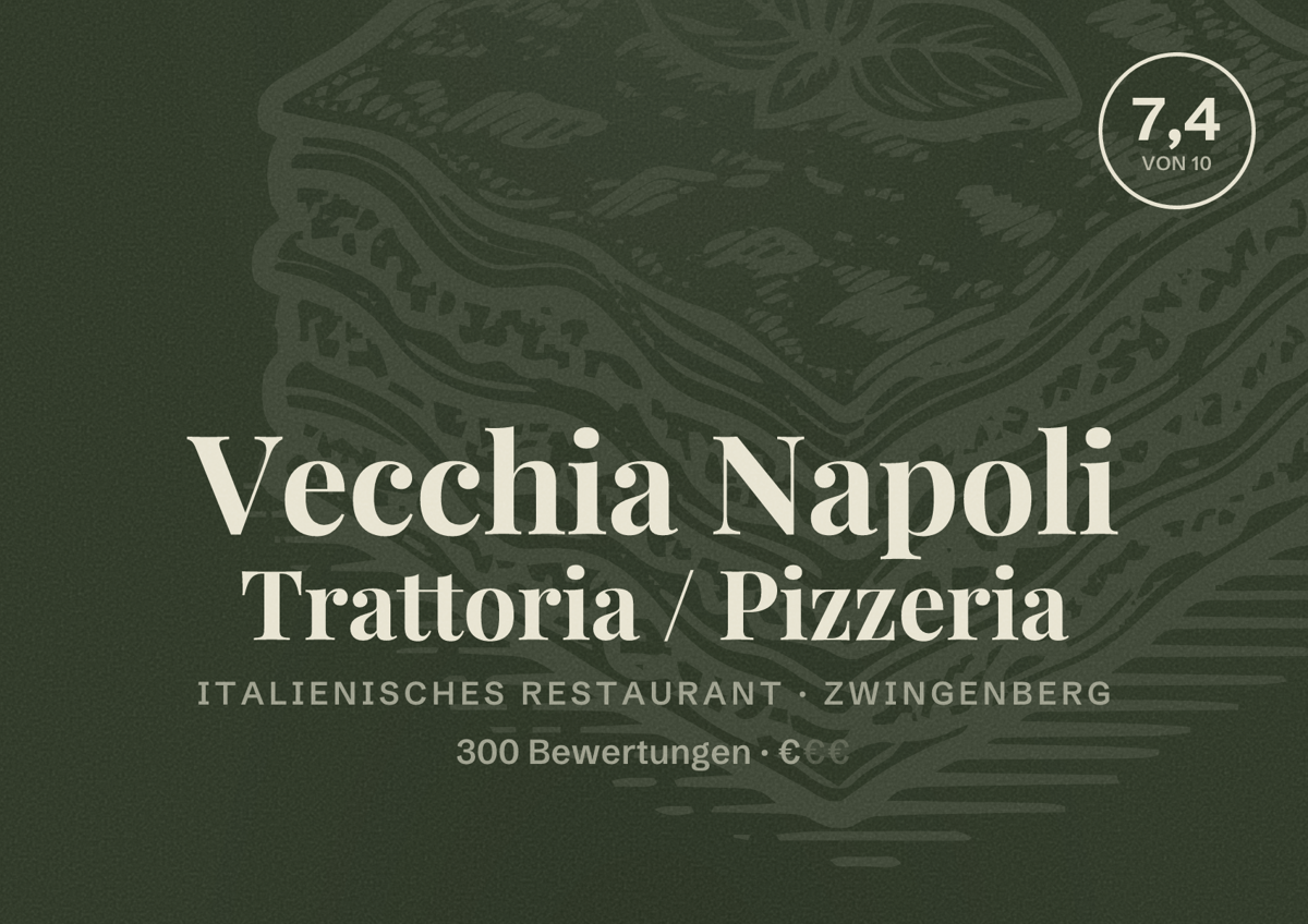 Illustriertes Poster von Vecchia Napoli Trattoria / Pizzeria, Italienisches Restaurant in Zwingenberg: Bewertung 7,4 von 10 aus 300 Bewertungen, Preisniveau €