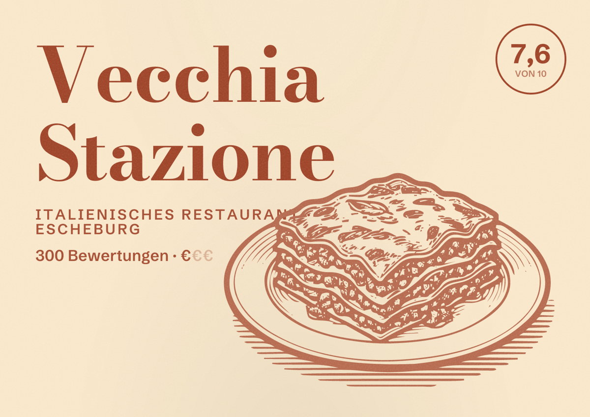 Illustriertes Poster von Vecchia Stazione, Italienisches Restaurant in Escheburg: Bewertung 7,6 von 10 aus 300 Bewertungen, Preisniveau €
