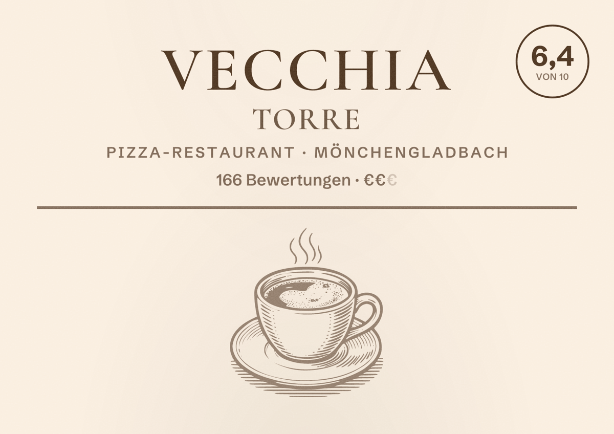 Illustriertes Poster von Vecchia Torre, Pizza-Restaurant in Mönchengladbach: Bewertung 6,4 von 10 aus 166 Bewertungen, Preisniveau €€