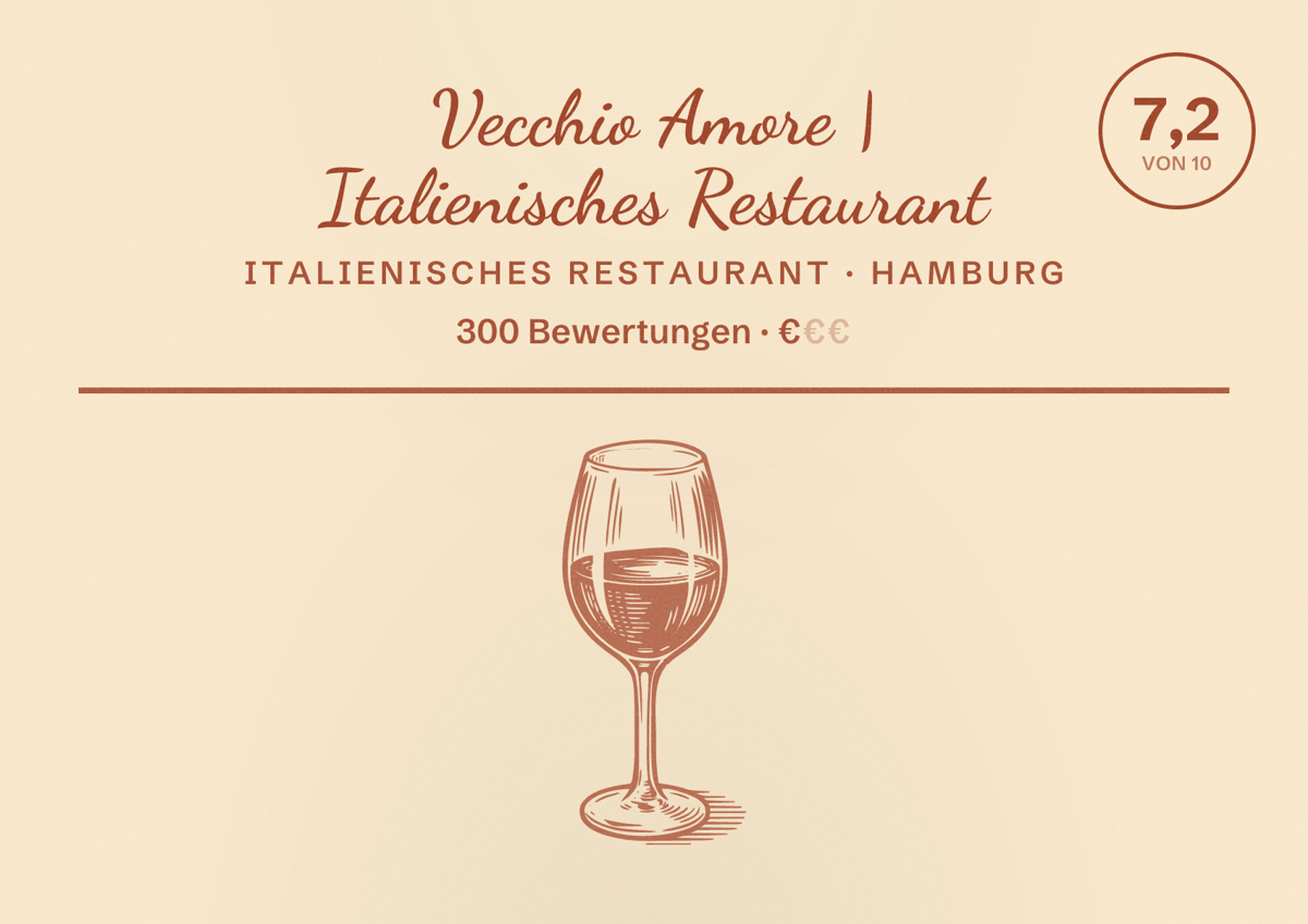 Illustriertes Poster von Vecchio Amore | Italienisches Restaurant, Italienisches Restaurant in Hamburg: Bewertung 7,2 von 10 aus 300 Bewertungen, Preisniveau €