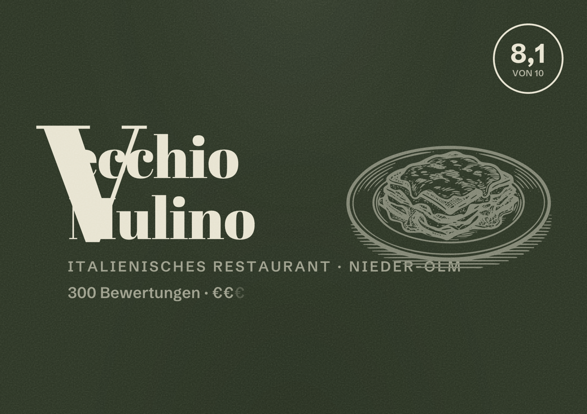 Illustriertes Poster von Vecchio Mulino, Italienisches Restaurant in Nieder-Olm: Bewertung 8,1 von 10 aus 300 Bewertungen, Preisniveau €€