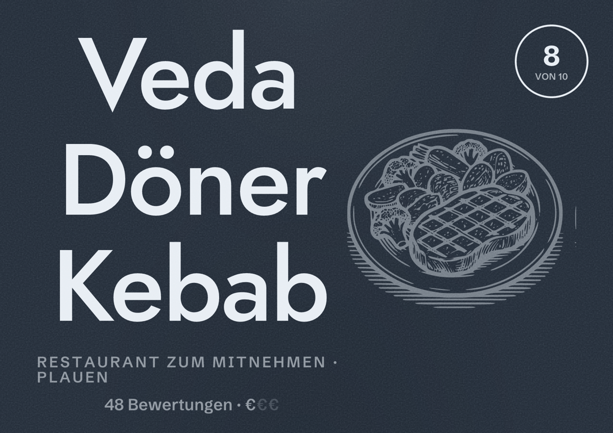 Illustriertes Poster von Veda Döner Kebab, Restaurant zum Mitnehmen in Plauen: Bewertung 8 von 10 aus 48 Bewertungen, Preisniveau €