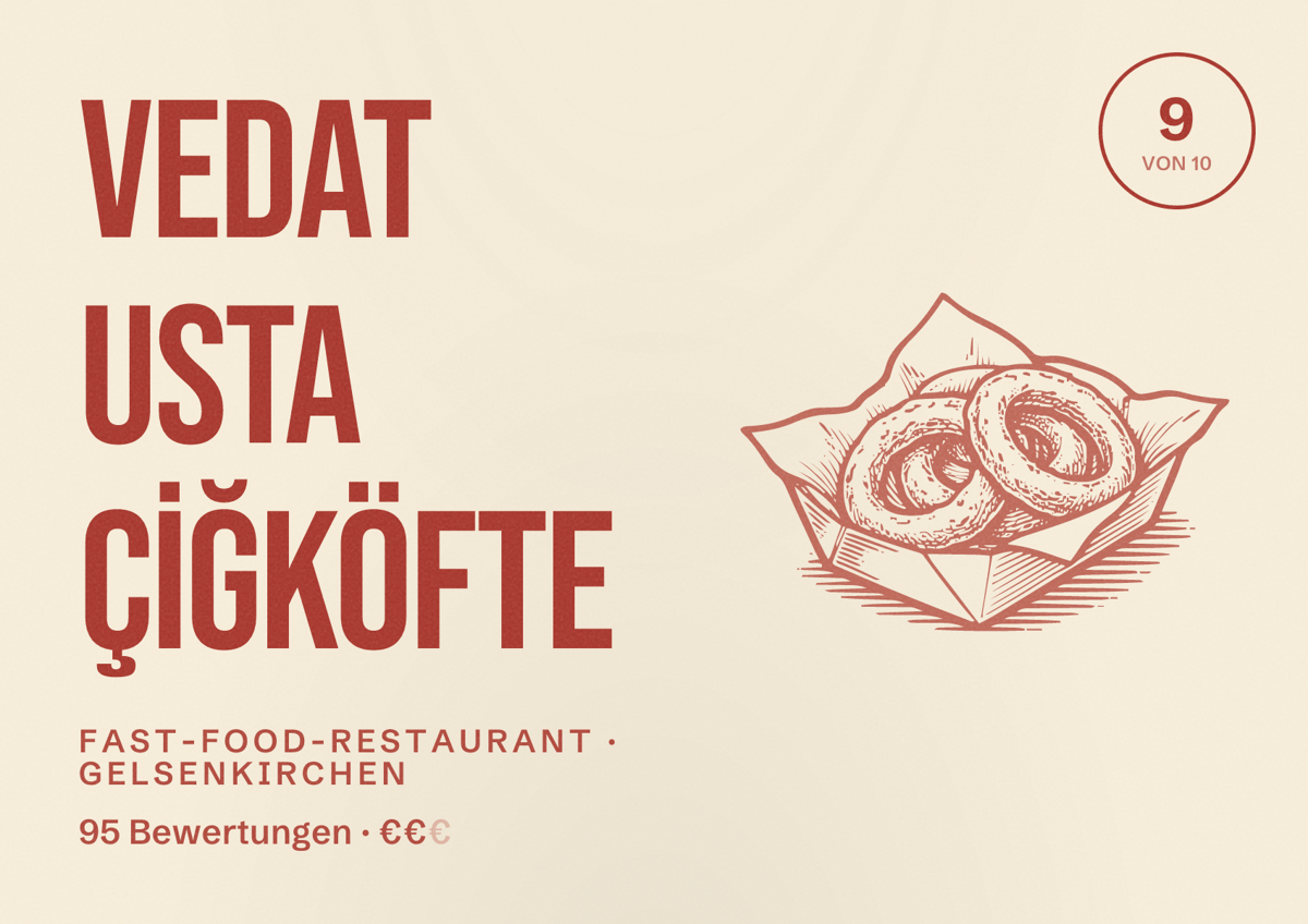 Illustriertes Poster von VEDAT USTA ÇİĞKÖFTE, Fast-Food-Restaurant in Gelsenkirchen: Bewertung 9 von 10 aus 95 Bewertungen, Preisniveau €€