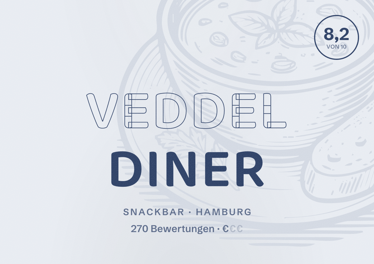 Illustriertes Poster von Veddel Diner, Snackbar in Hamburg: Bewertung 8,2 von 10 aus 270 Bewertungen, Preisniveau €