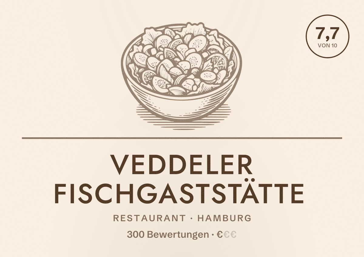 Illustriertes Poster von Veddeler Fischgaststätte, Restaurant in Hamburg: Bewertung 7,7 von 10 aus 300 Bewertungen, Preisniveau €