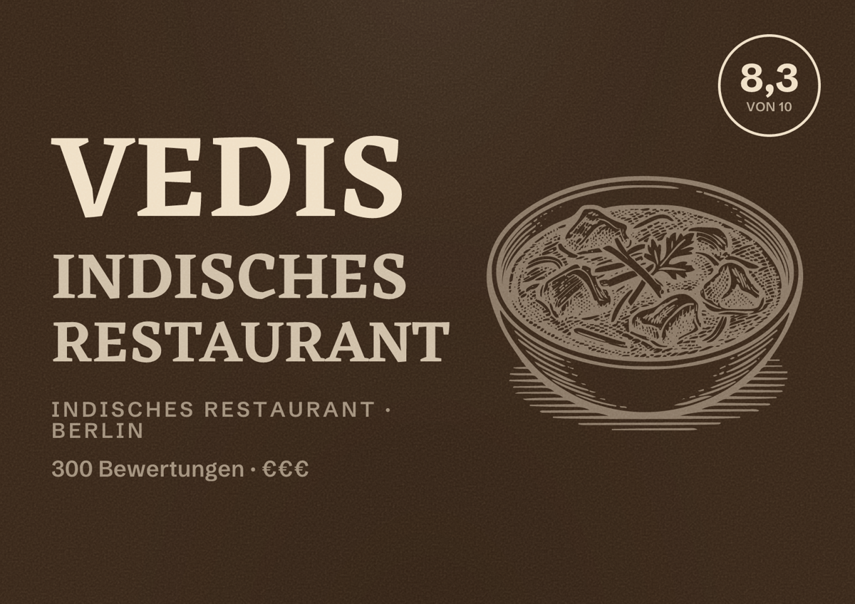 Illustriertes Poster von Vedis Indisches Restaurant, Indisches Restaurant in Berlin: Bewertung 8,3 von 10 aus 300 Bewertungen, Preisniveau €€€