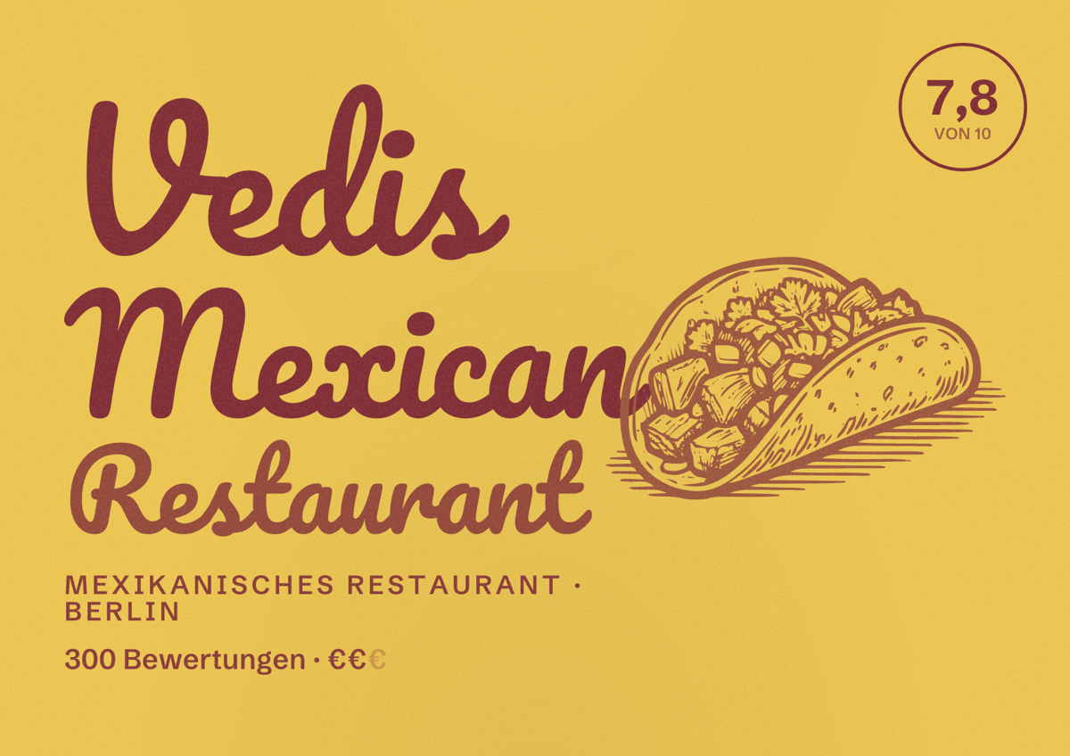 Illustriertes Poster von Vedis Mexican Restaurant, Mexikanisches Restaurant in Berlin: Bewertung 7,8 von 10 aus 300 Bewertungen, Preisniveau €€