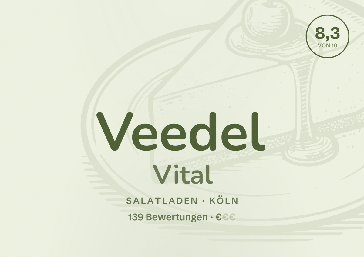 Illustriertes Poster von Veedel Vital, Salatladen in Köln: Bewertung 8,3 von 10 aus 139 Bewertungen, Preisniveau €