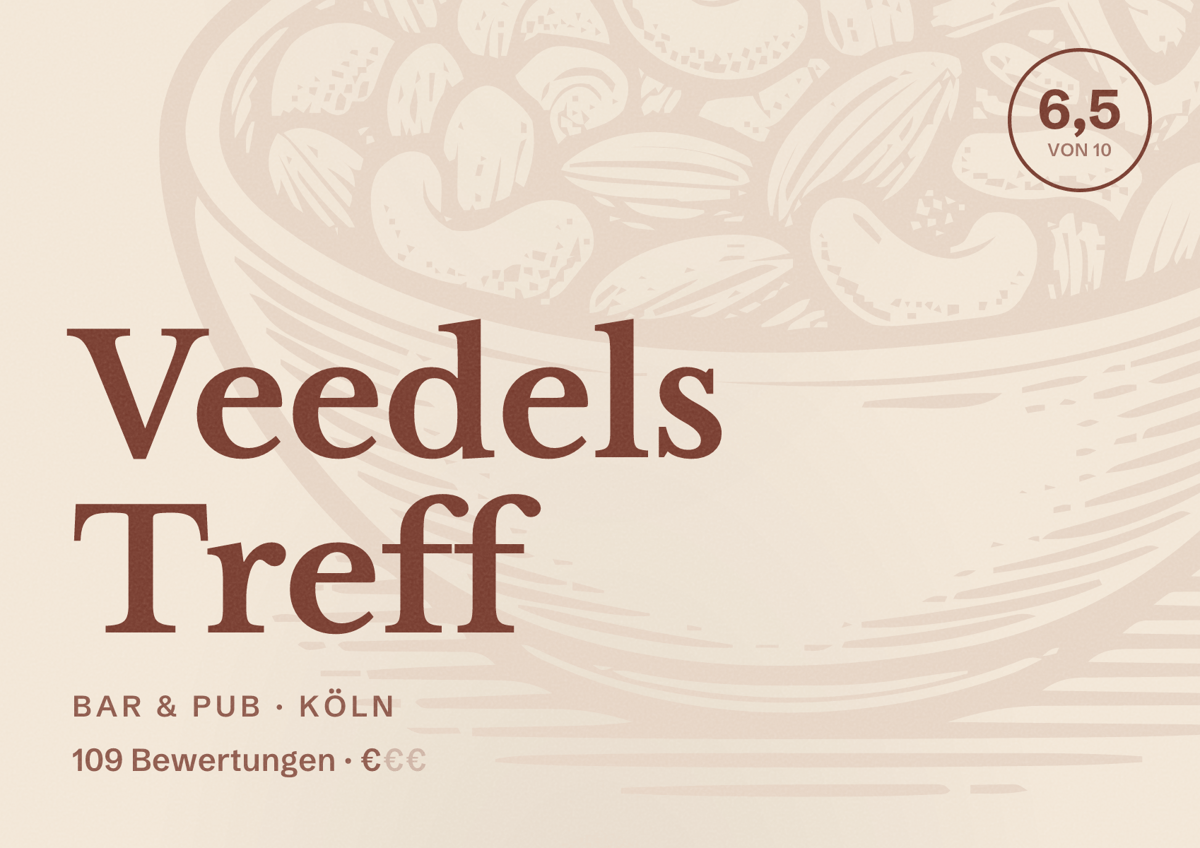 Illustriertes Poster von Veedels Treff, Bar & Pub in Köln: Bewertung 6,5 von 10 aus 109 Bewertungen, Preisniveau €