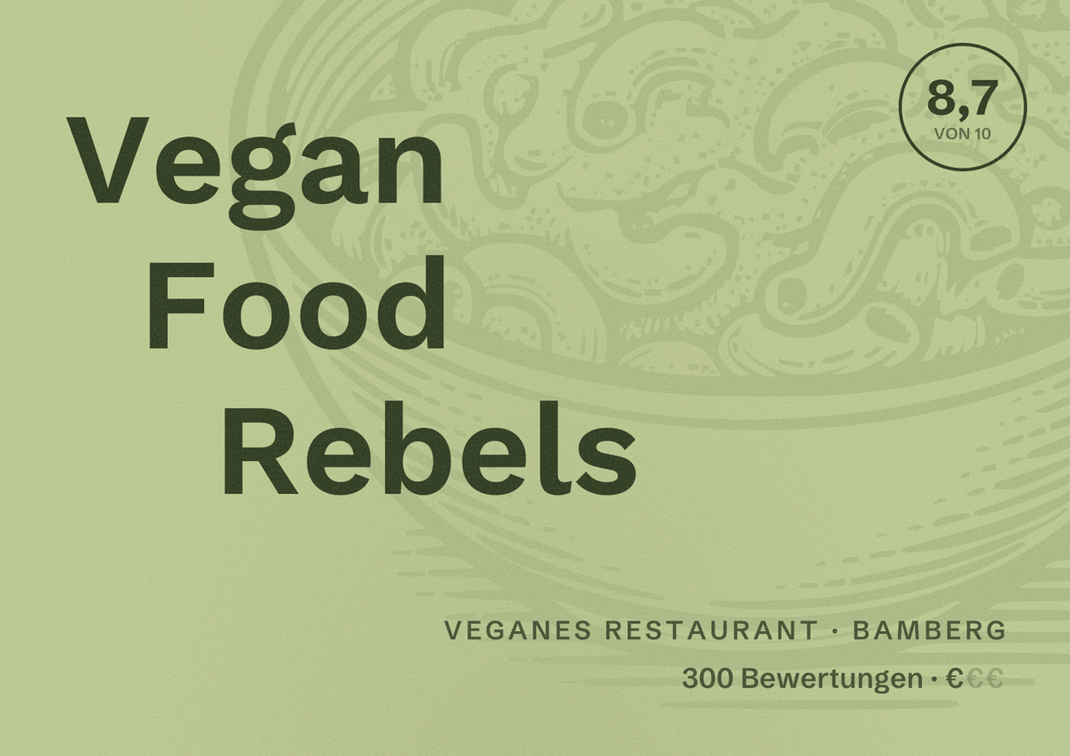 Illustriertes Poster von Vegan Food Rebels, Veganes Restaurant in Bamberg: Bewertung 8,7 von 10 aus 300 Bewertungen, Preisniveau €