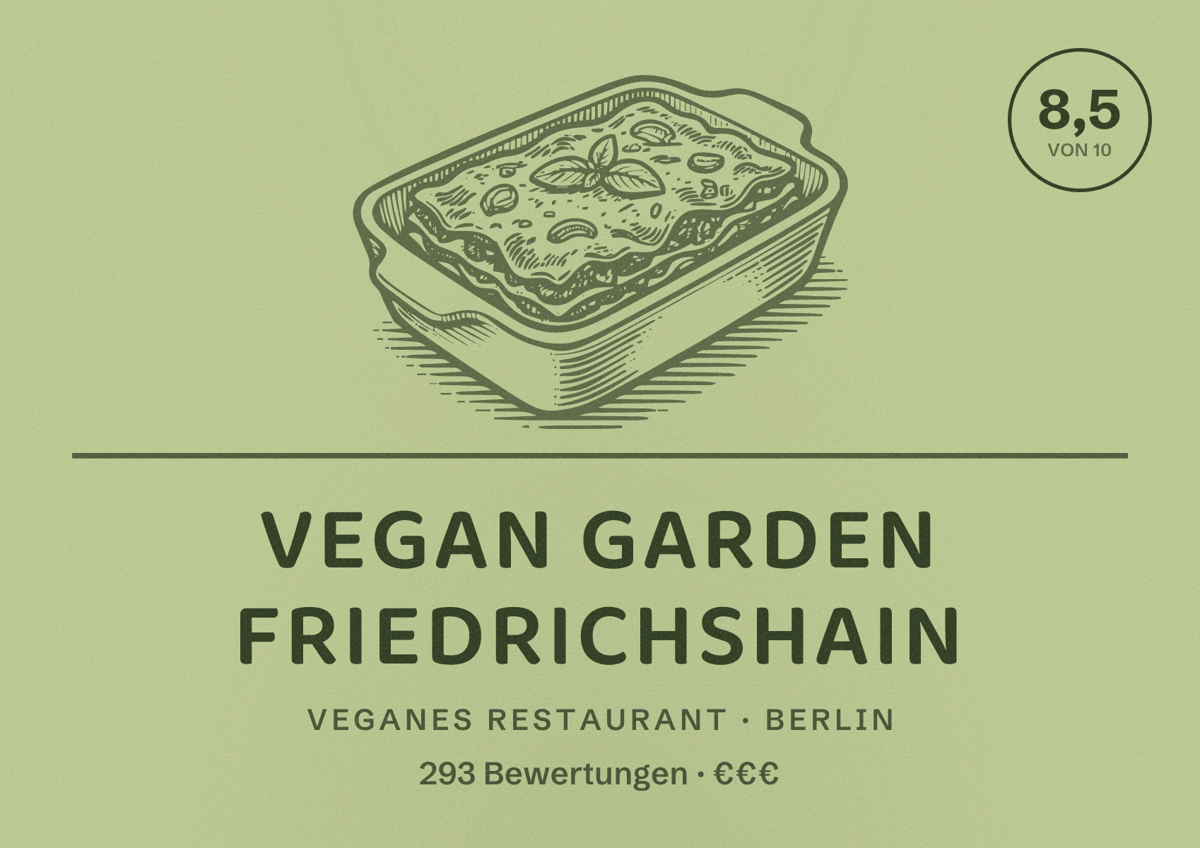 Illustriertes Poster von Vegan Garden Friedrichshain, Veganes Restaurant in Berlin: Bewertung 8,5 von 10 aus 293 Bewertungen, Preisniveau €€€