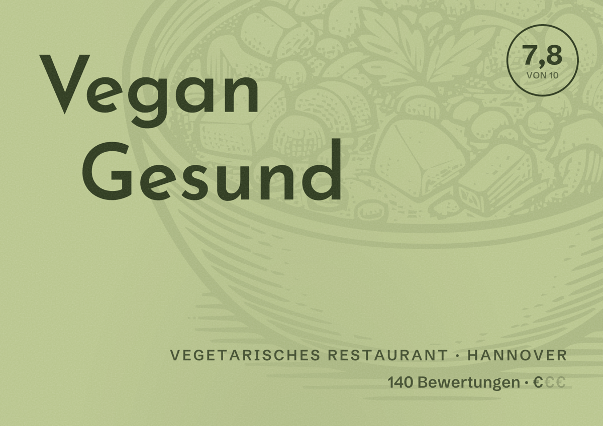 Illustriertes Poster von Vegan Gesund, Vegetarisches Restaurant in Hannover: Bewertung 7,8 von 10 aus 140 Bewertungen, Preisniveau €
