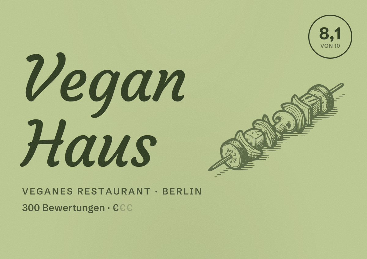 Illustriertes Poster von Vegan Haus, Veganes Restaurant in Berlin: Bewertung 8,1 von 10 aus 300 Bewertungen, Preisniveau €