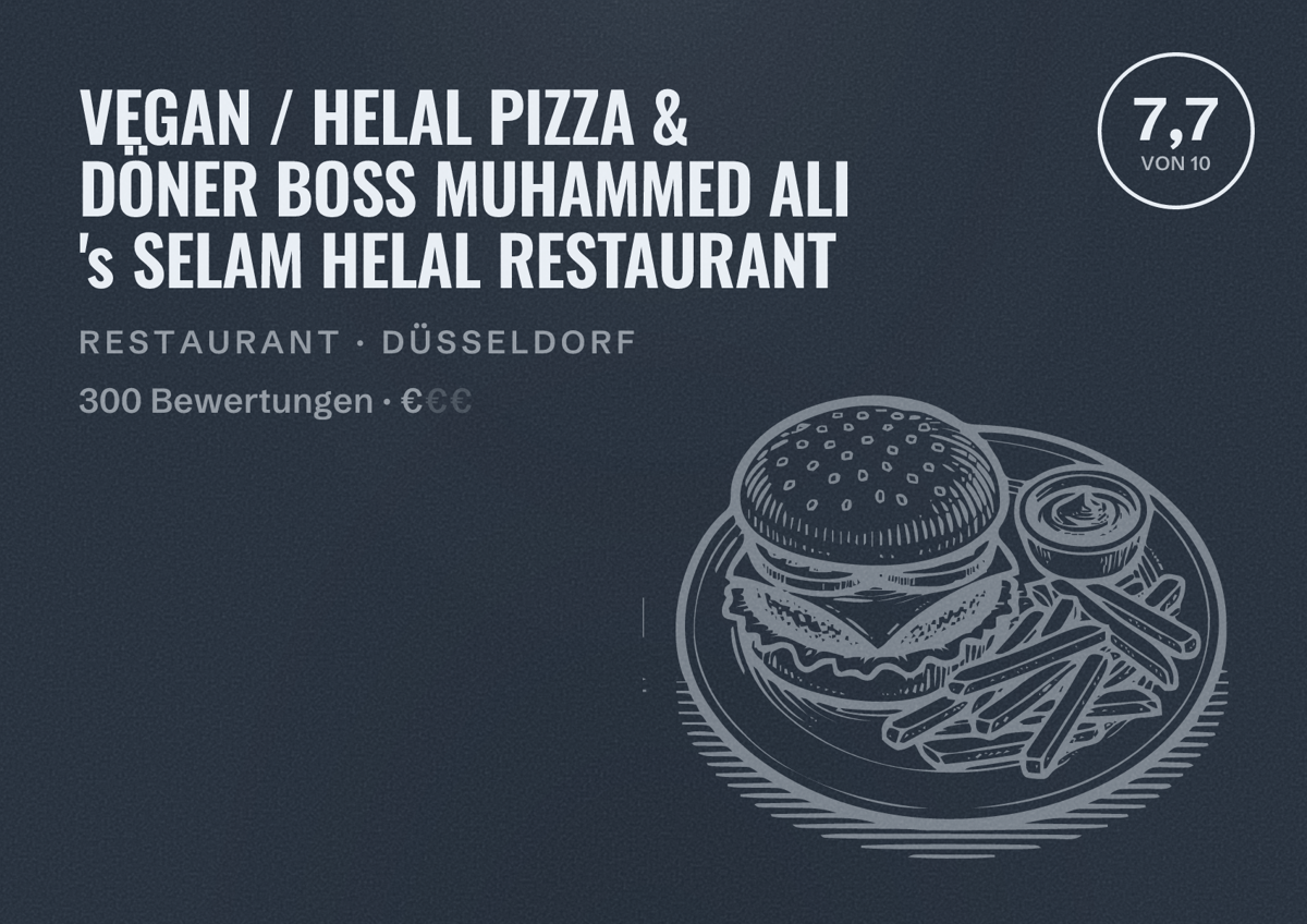 Illustriertes Poster von VEGAN / HELAL PIZZA & DÖNER BOSS MUHAMMED ALI 's SELAM HELAL RESTAURANT, Restaurant in Düsseldorf: Bewertung 7,7 von 10 aus 300 Bewertungen, Preisniveau €