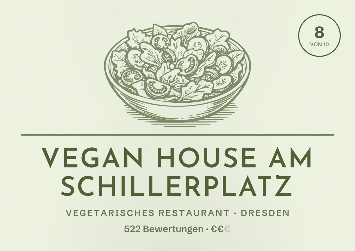 Illustriertes Poster von VEGAN HOUSE am Schillerplatz, Vegetarisches Restaurant in Dresden: Gästebewertung 8,0 von 10 aus 522 Bewertungen