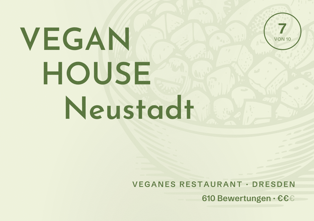Illustriertes Poster von VEGAN HOUSE Neustadt, Veganes Restaurant in Dresden: Gästebewertung 7 von 10 aus 610 Bewertungen