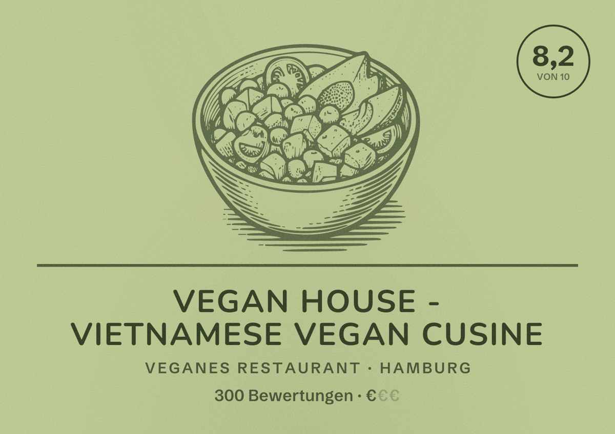 Illustriertes Poster von Vegan House - Vietnamese Vegan Cusine, Veganes Restaurant in Hamburg: Bewertung 8,2 von 10 aus 300 Bewertungen, Preisniveau €