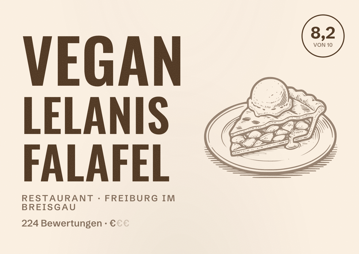 Illustriertes Poster von Vegan Lelanis Falafel, Restaurant in Freiburg im Breisgau: Bewertung 8,2 von 10 aus 224 Bewertungen, Preisniveau €