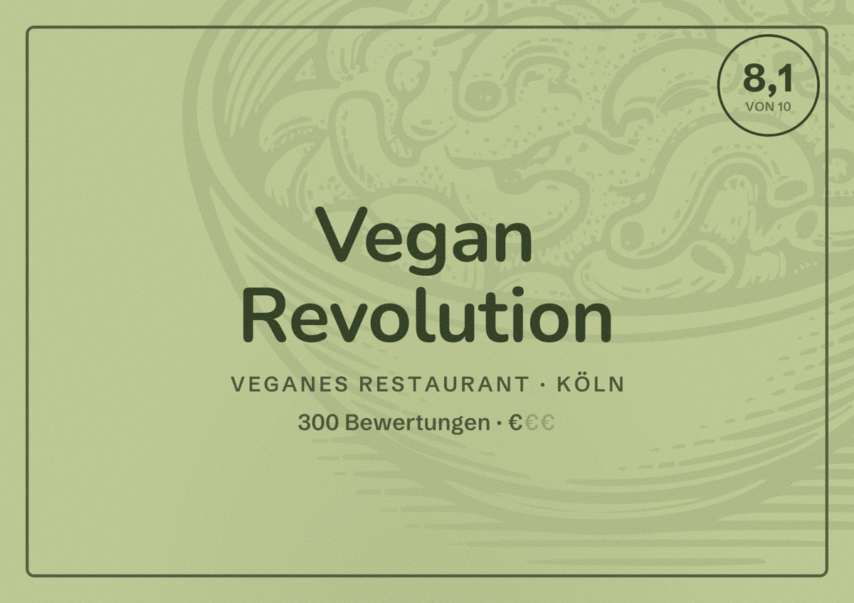 Illustriertes Poster von Vegan Revolution, Veganes Restaurant in Köln: Bewertung 8,1 von 10 aus 300 Bewertungen, Preisniveau €