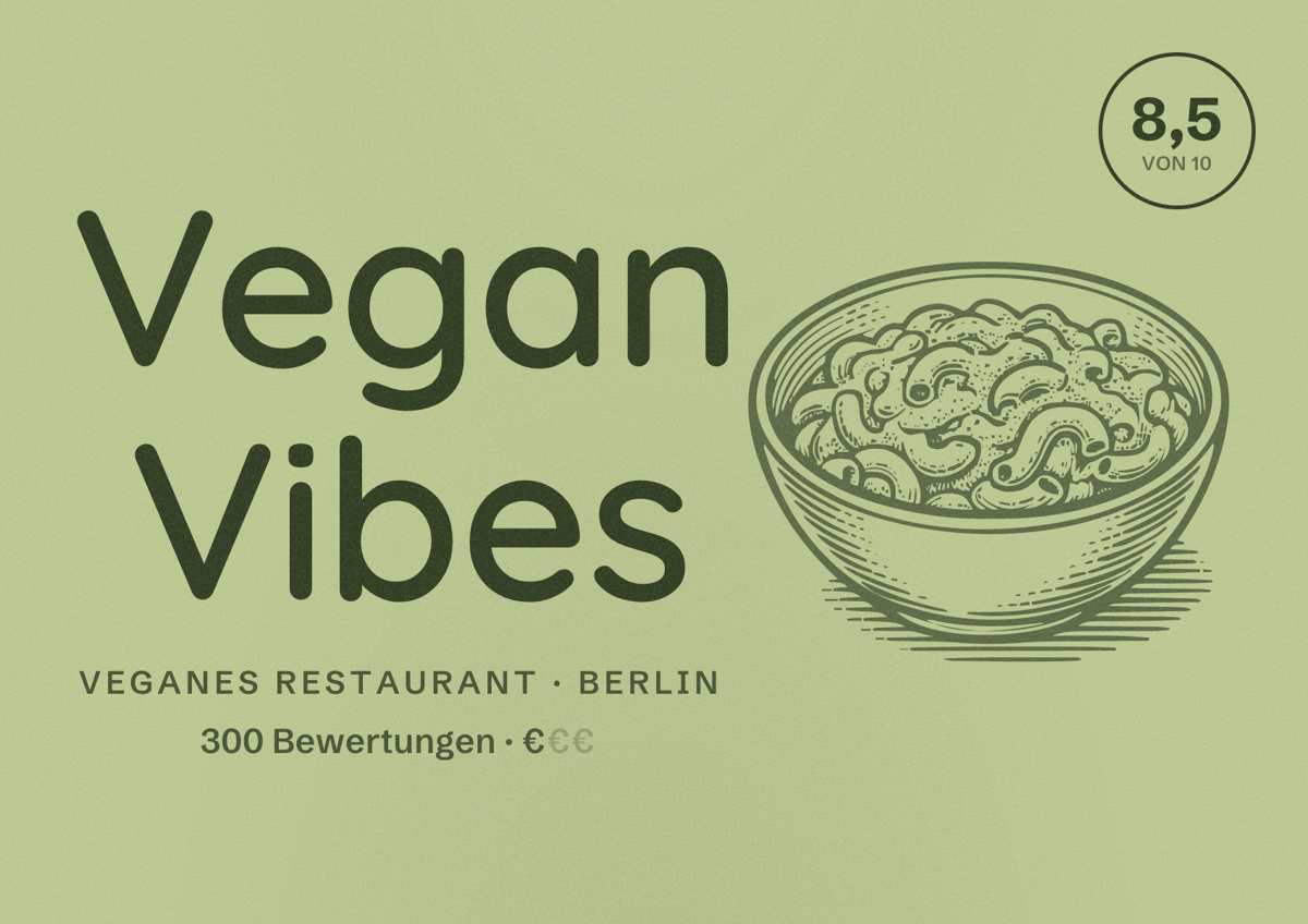 Illustriertes Poster von Vegan Vibes, Veganes Restaurant in Berlin: Bewertung 8,5 von 10 aus 300 Bewertungen, Preisniveau €