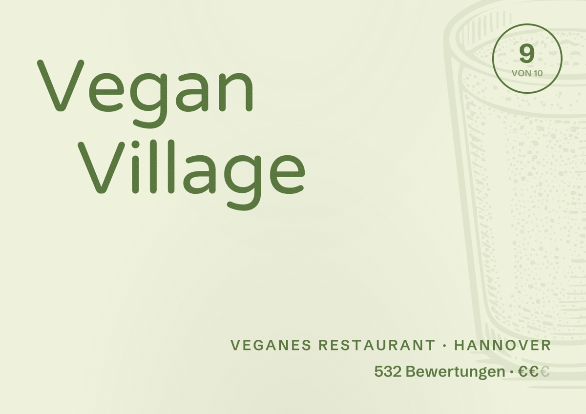 Illustriertes Poster von Vegan Village, Veganes Restaurant in Hannover: Bewertung 9,0 von 10 aus 532 Bewertungen, Preisniveau €€