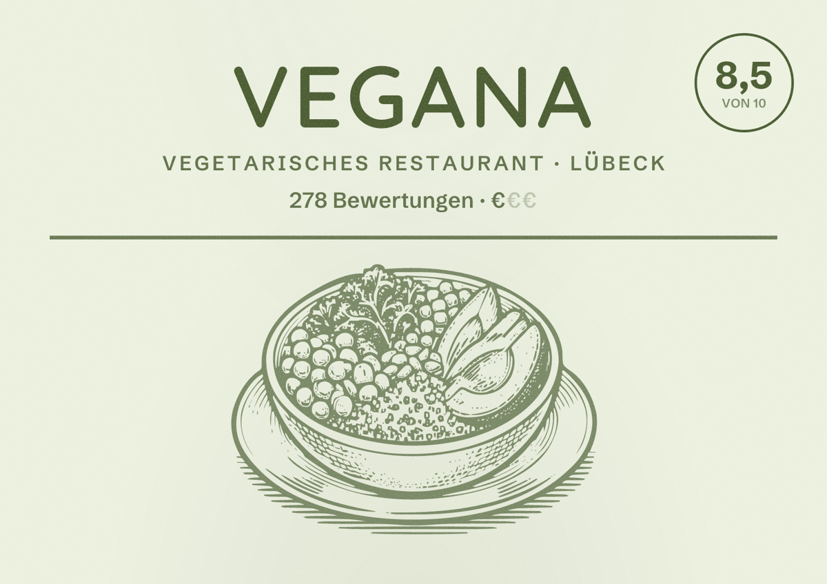 Illustriertes Poster von Vegana, Vegetarisches Restaurant in Lübeck: Bewertung 8,5 von 10 aus 278 Bewertungen, Preisniveau €