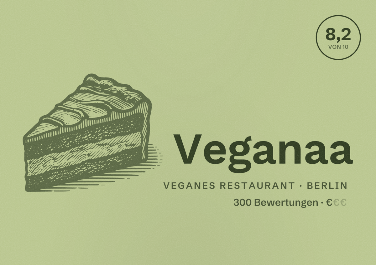 Illustriertes Poster von Veganaa, Veganes Restaurant in Berlin: Bewertung 8,2 von 10 aus 300 Bewertungen, Preisniveau €