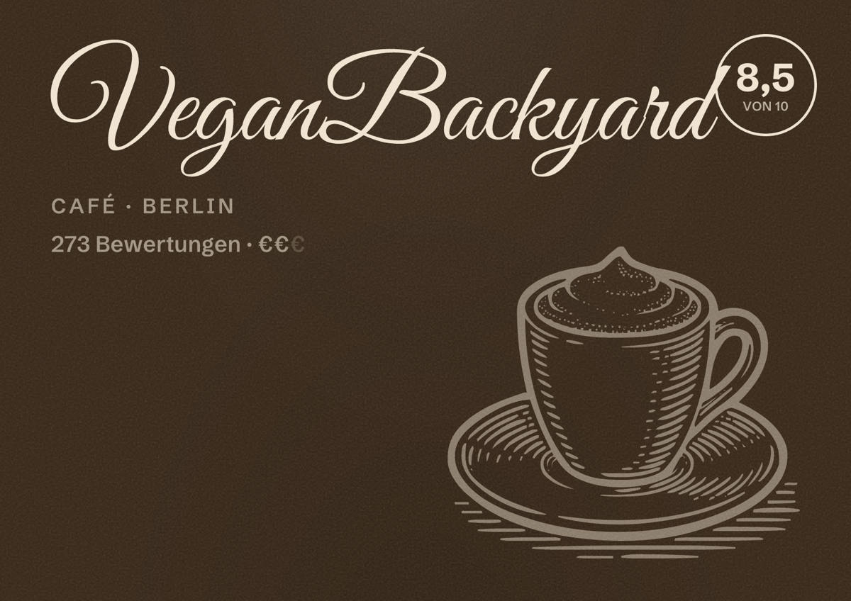 Illustriertes Poster von VeganBackyard, Café in Berlin: Bewertung 8,5 von 10 aus 273 Bewertungen, Preisniveau €€
