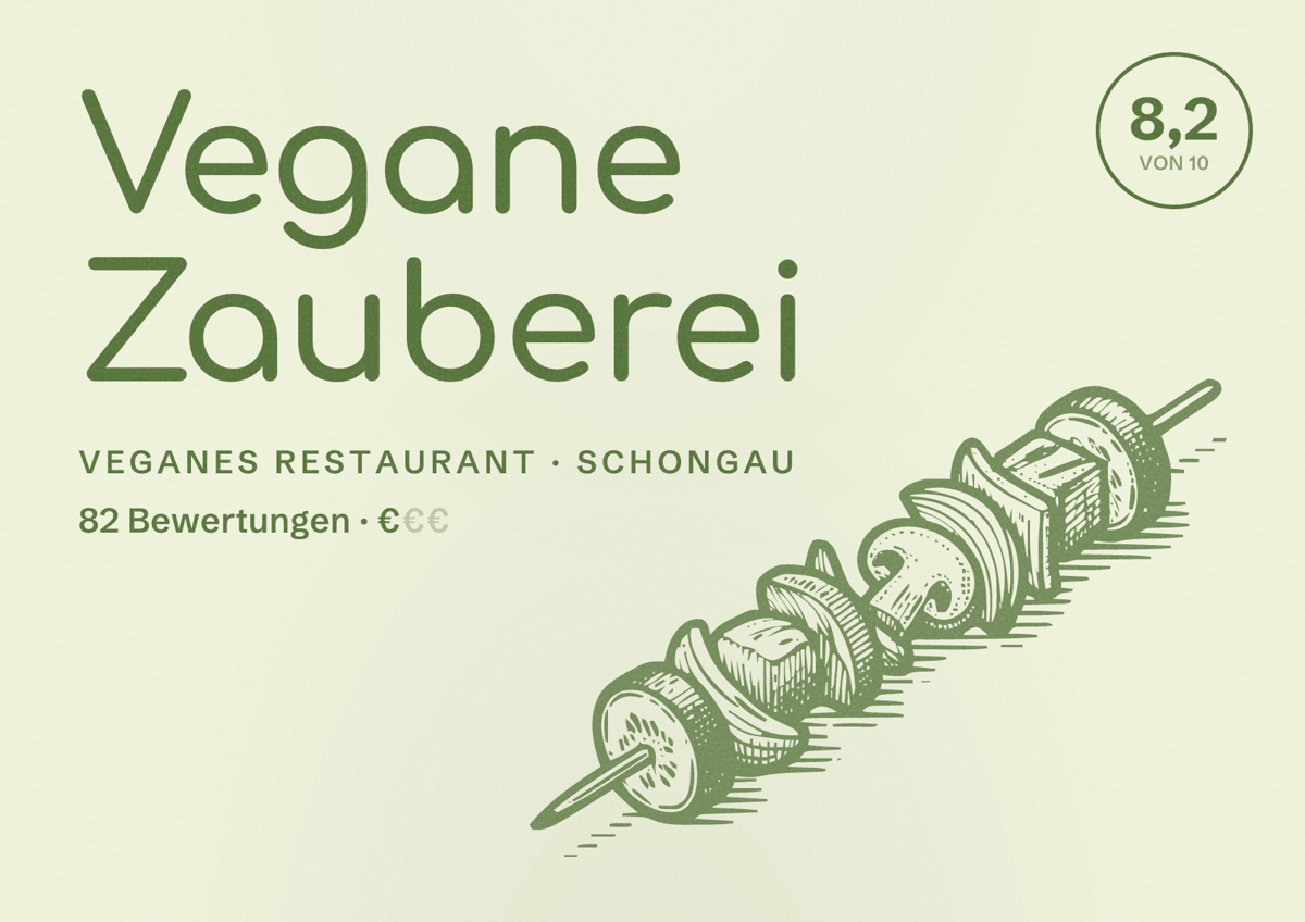 Illustriertes Poster von Vegane Zauberei, Veganes Restaurant in Schongau: Bewertung 8,2 von 10 aus 82 Bewertungen, Preisniveau €