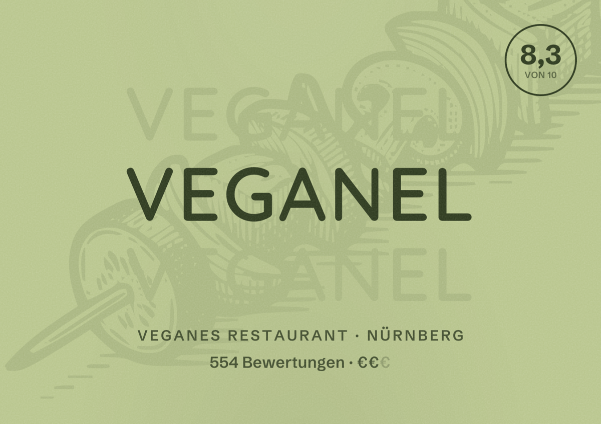 Illustriertes Poster von Veganel, Veganes Restaurant in Nürnberg: Bewertung 8,3 von 10 aus 554 Bewertungen, Preisniveau €€